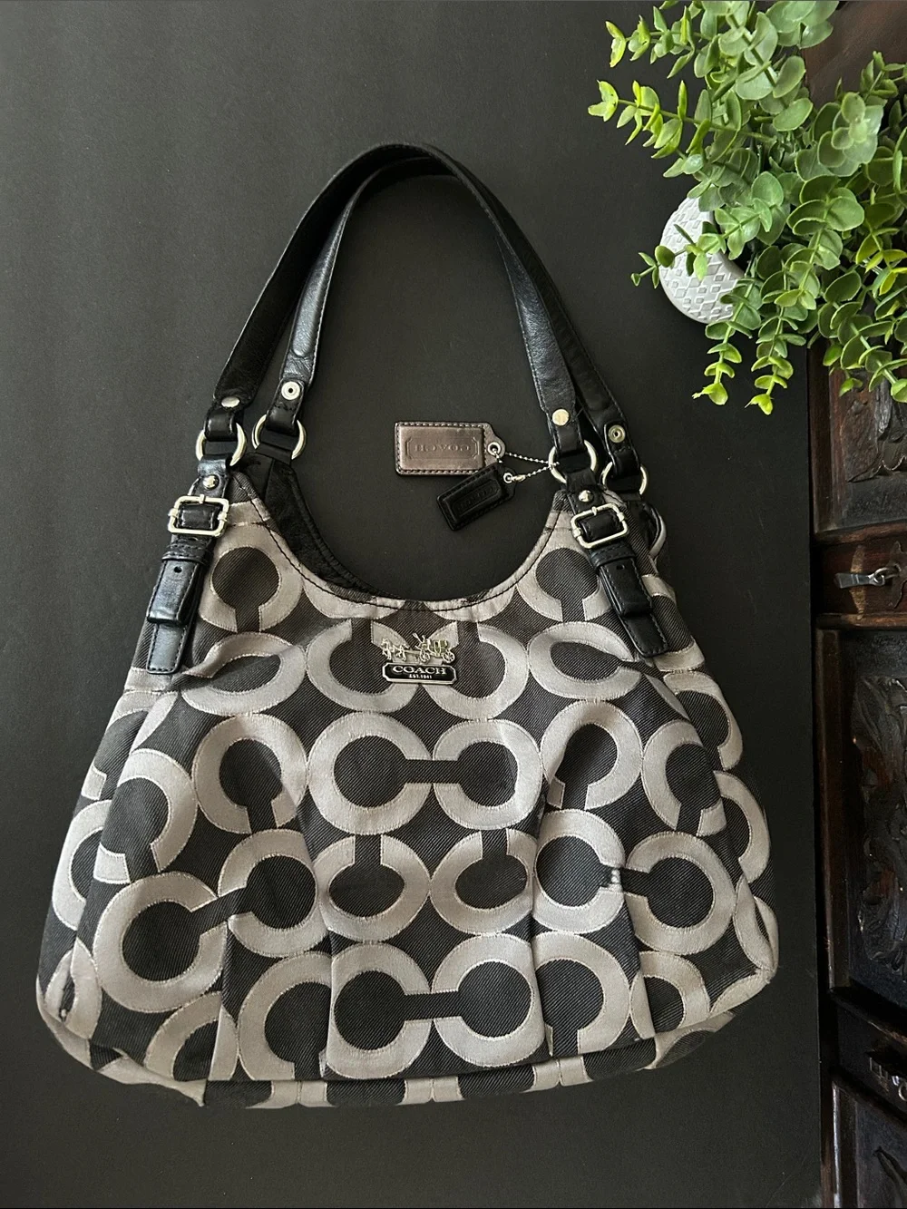 Coach Black & Gray Signature Canvas Shoulder Bag